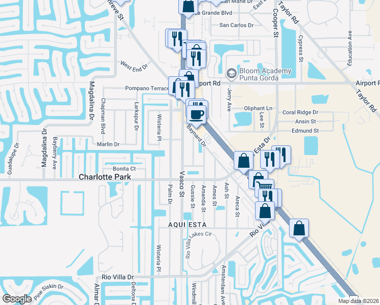 map of restaurants, bars, coffee shops, grocery stores, and more near 3002 Vasco Street in Punta Gorda