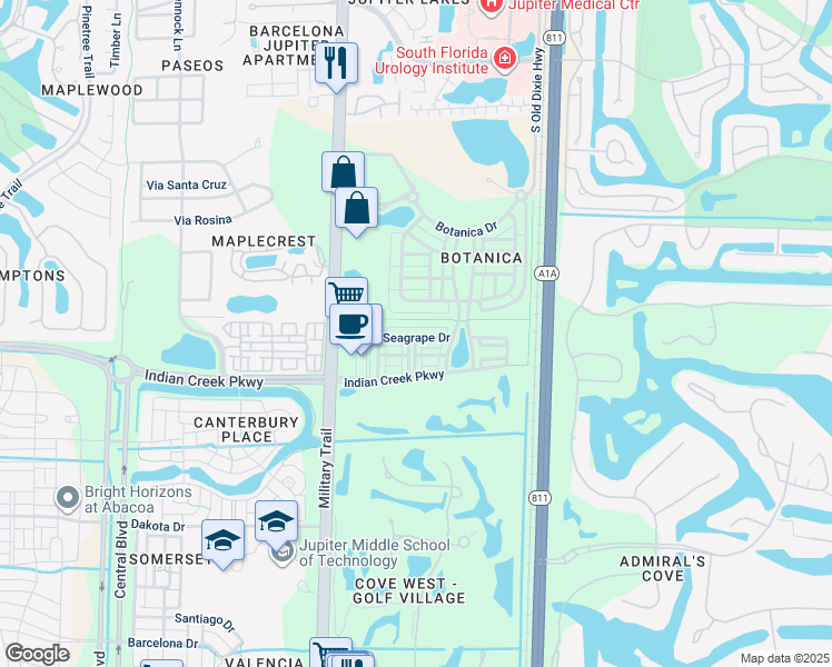 map of restaurants, bars, coffee shops, grocery stores, and more near 103 Seagrape Drive in Jupiter