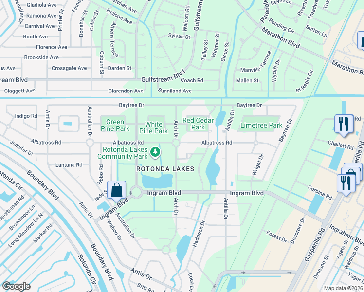 map of restaurants, bars, coffee shops, grocery stores, and more near 181 Arch Drive in Rotonda West