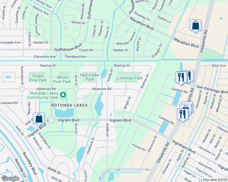 map of restaurants, bars, coffee shops, grocery stores, and more near 201 Antilla Drive in Rotonda West