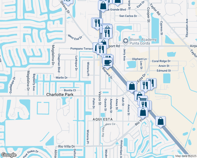 map of restaurants, bars, coffee shops, grocery stores, and more near 2822 Vasco Street in Punta Gorda