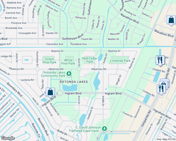 map of restaurants, bars, coffee shops, grocery stores, and more near 108 Red Cedar Park in Rotonda West