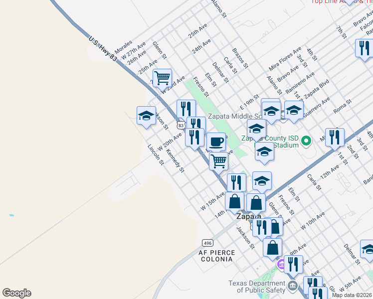map of restaurants, bars, coffee shops, grocery stores, and more near 1906 Jackson Street in Zapata