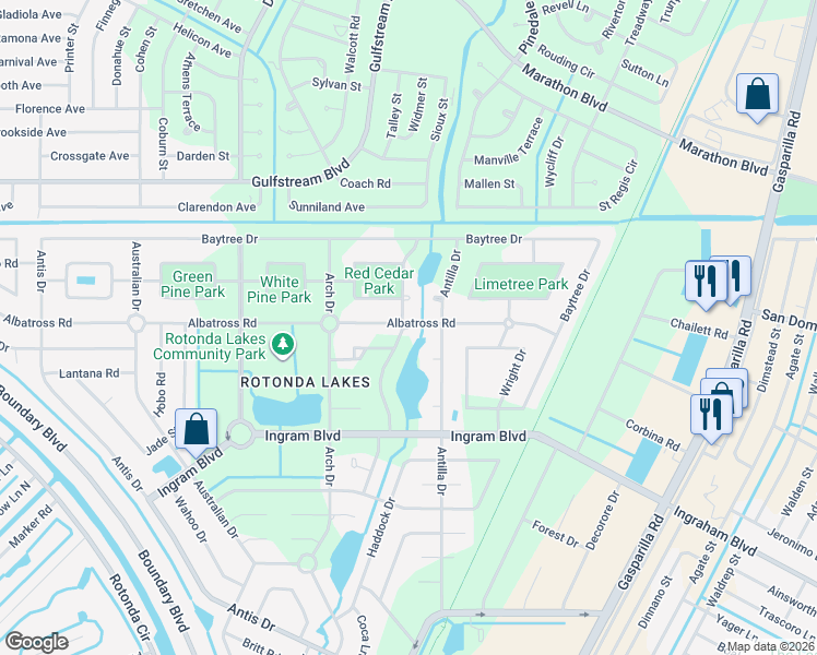 map of restaurants, bars, coffee shops, grocery stores, and more near 183 Redwood Road in Rotonda West