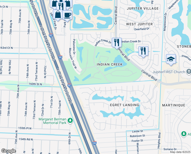 map of restaurants, bars, coffee shops, grocery stores, and more near 601 Muirfield Court in Jupiter