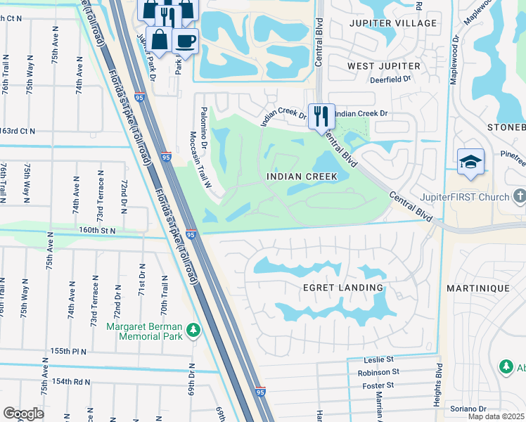 map of restaurants, bars, coffee shops, grocery stores, and more near 101 Muirfield Court in Jupiter