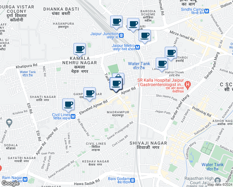 map of restaurants, bars, coffee shops, grocery stores, and more near 117 Ajmer Road in Jaipur