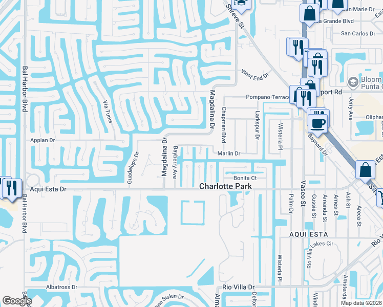map of restaurants, bars, coffee shops, grocery stores, and more near 1109 Marlin Drive in Punta Gorda