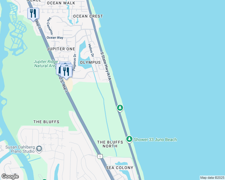map of restaurants, bars, coffee shops, grocery stores, and more near 26 Ocean Boulevard in Jupiter