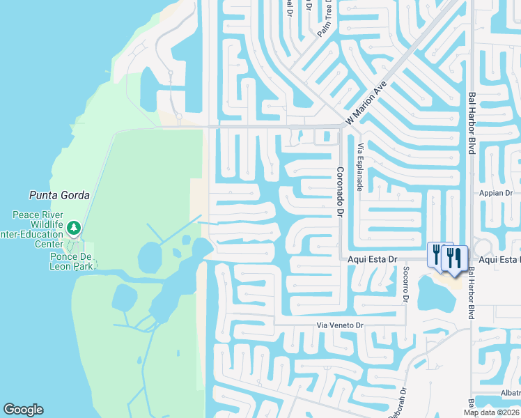 map of restaurants, bars, coffee shops, grocery stores, and more near 2807 Via Paloma Drive in Punta Gorda