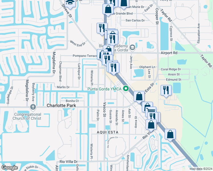 map of restaurants, bars, coffee shops, grocery stores, and more near 2900 Vasco Street in Punta Gorda