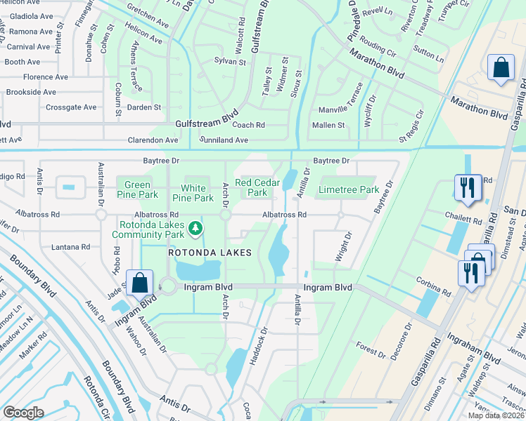 map of restaurants, bars, coffee shops, grocery stores, and more near 108 Red Cedar Park in Rotonda West