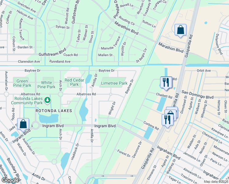map of restaurants, bars, coffee shops, grocery stores, and more near 106 Lime Tree Park in Rotonda West