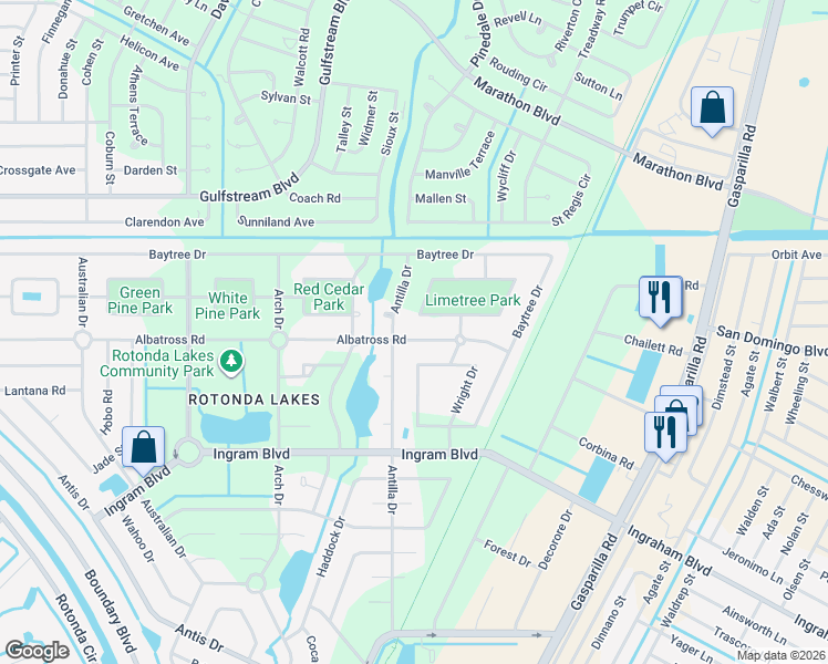 map of restaurants, bars, coffee shops, grocery stores, and more near 201 Antilla Drive in Rotonda West