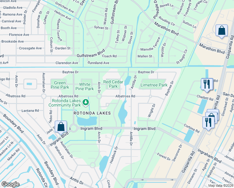 map of restaurants, bars, coffee shops, grocery stores, and more near 108 Red Cedar Park in Rotonda West