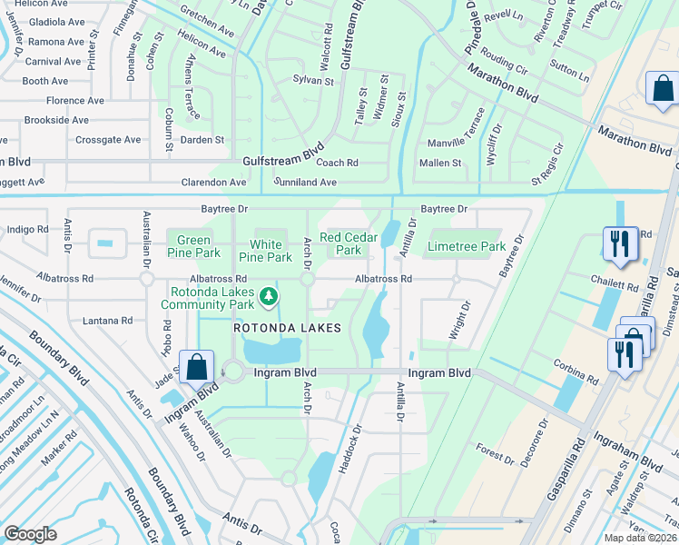 map of restaurants, bars, coffee shops, grocery stores, and more near 108 Red Cedar Park in Rotonda West