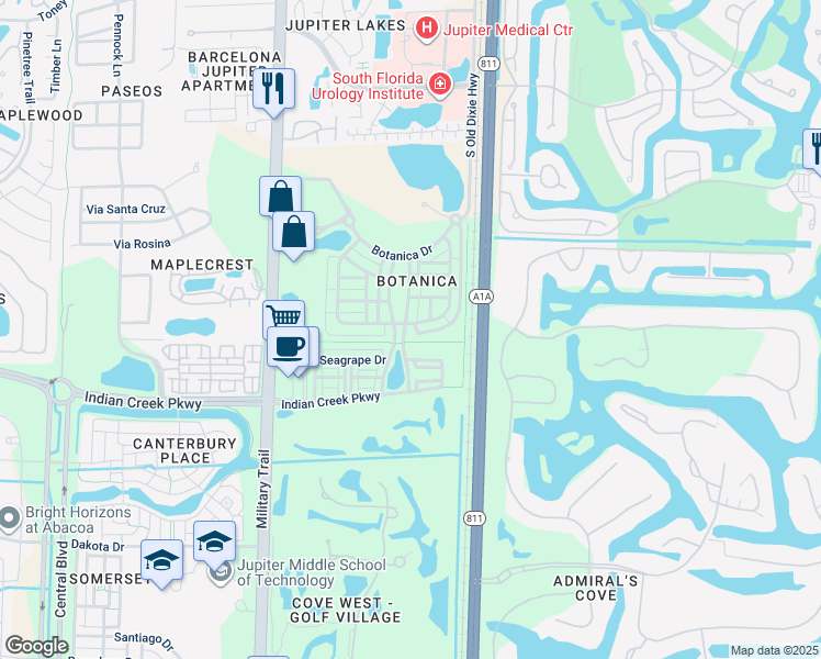 map of restaurants, bars, coffee shops, grocery stores, and more near 233 East Thatch Palm Circle in Jupiter