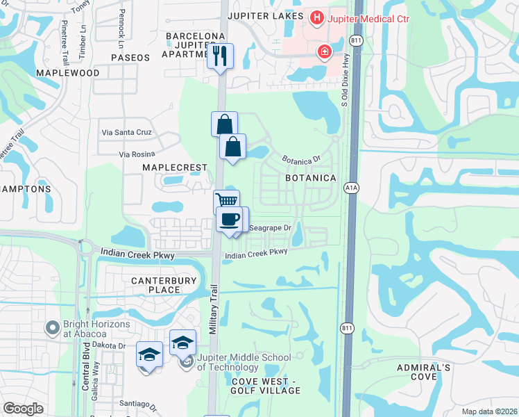 map of restaurants, bars, coffee shops, grocery stores, and more near 192 West Bay Cedar Circle in Jupiter
