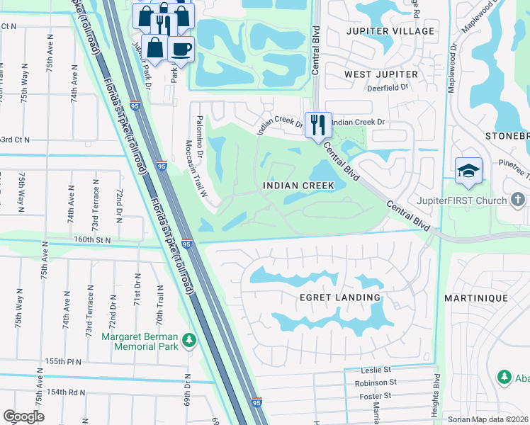 map of restaurants, bars, coffee shops, grocery stores, and more near 202 Muirfield Court in Jupiter