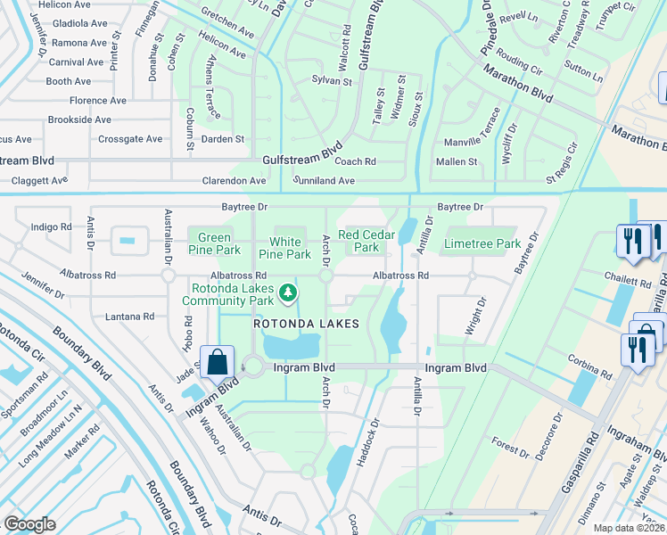 map of restaurants, bars, coffee shops, grocery stores, and more near 181 Arch Drive in Rotonda West