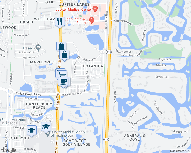 map of restaurants, bars, coffee shops, grocery stores, and more near 347 East Bay Cedar Circle in Jupiter
