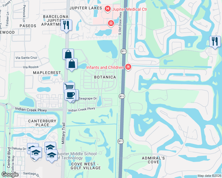 map of restaurants, bars, coffee shops, grocery stores, and more near 307 East Bay Cedar Circle in Jupiter