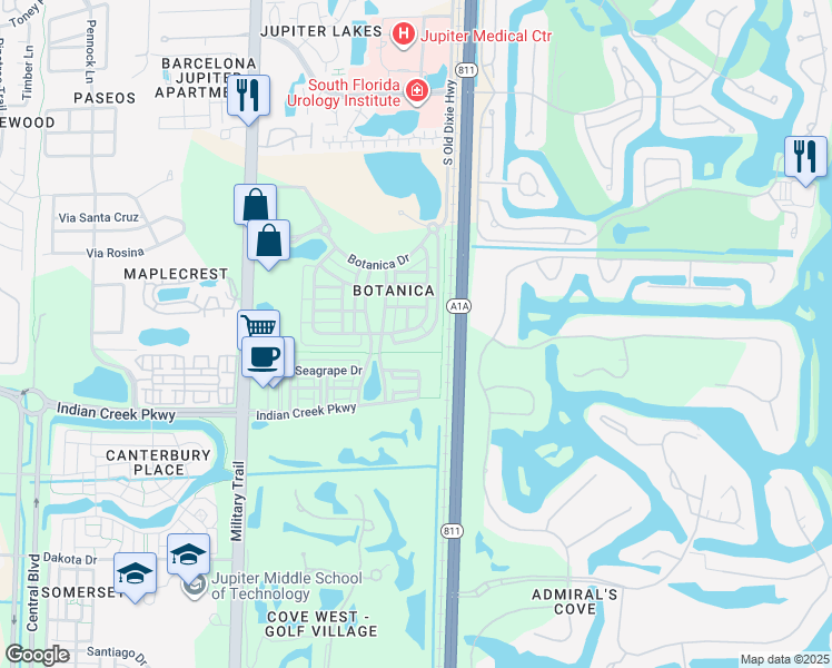 map of restaurants, bars, coffee shops, grocery stores, and more near 319 East Bay Cedar Circle in Jupiter