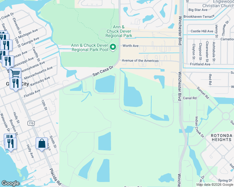 map of restaurants, bars, coffee shops, grocery stores, and more near 8120 Casa De Meadows Drive in Englewood
