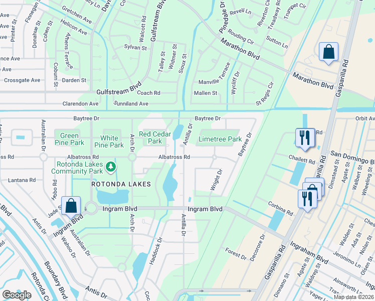map of restaurants, bars, coffee shops, grocery stores, and more near 201 Antilla Drive in Rotonda West