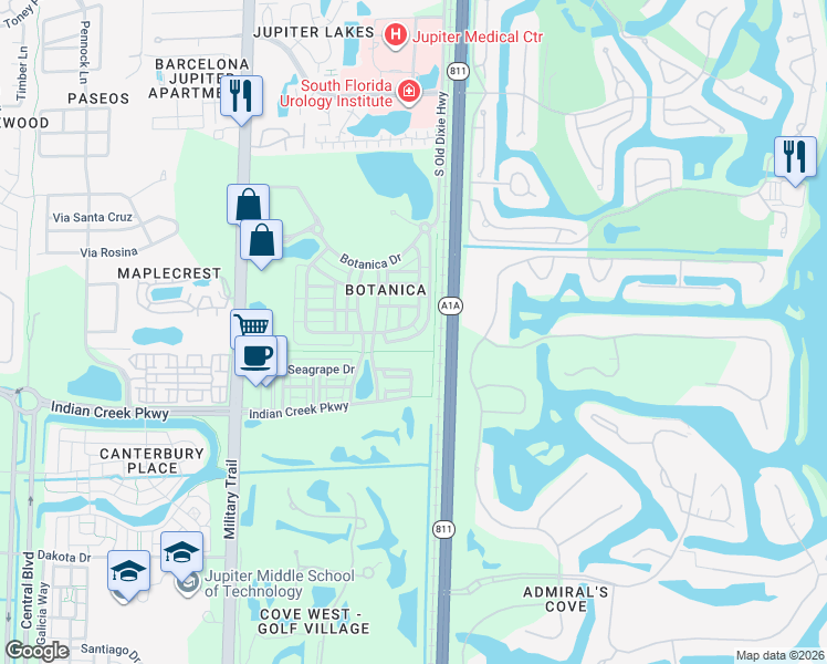 map of restaurants, bars, coffee shops, grocery stores, and more near 307 East Bay Cedar Circle in Jupiter