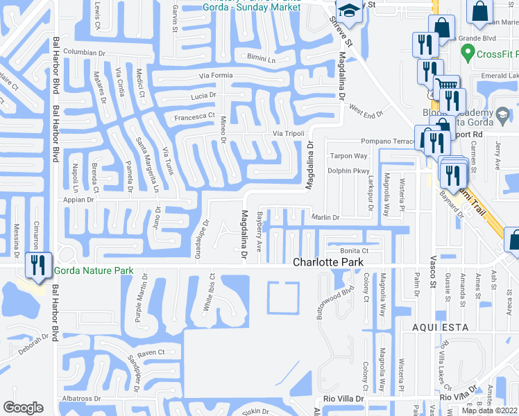 map of restaurants, bars, coffee shops, grocery stores, and more near 2800 Bayberry Avenue in Punta Gorda