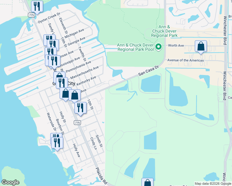 map of restaurants, bars, coffee shops, grocery stores, and more near 2248 Oleada Court in Englewood