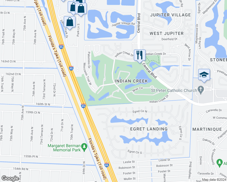 map of restaurants, bars, coffee shops, grocery stores, and more near 102 Muirfield Court in Jupiter