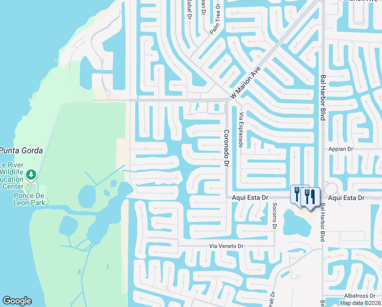 map of restaurants, bars, coffee shops, grocery stores, and more near 2572 Brazilia Court in Punta Gorda