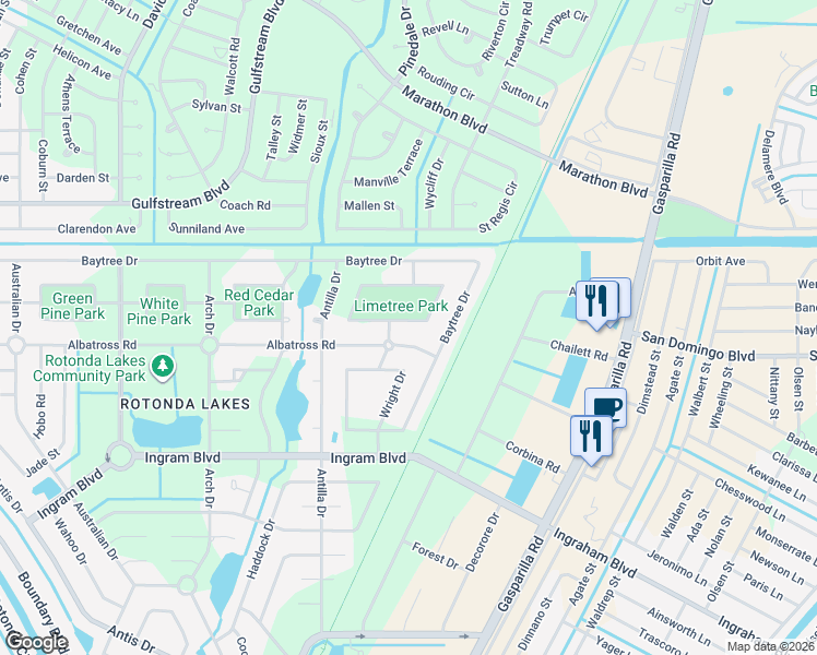 map of restaurants, bars, coffee shops, grocery stores, and more near 106 Lime Tree Park in Rotonda West