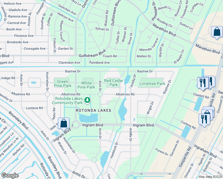 map of restaurants, bars, coffee shops, grocery stores, and more near 108 Red Cedar Park in Rotonda West