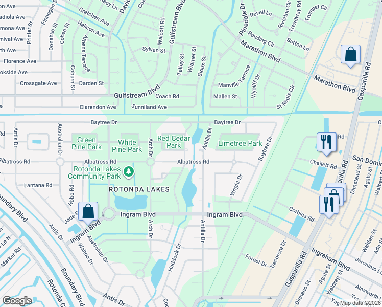 map of restaurants, bars, coffee shops, grocery stores, and more near 183 Redwood Road in Rotonda West