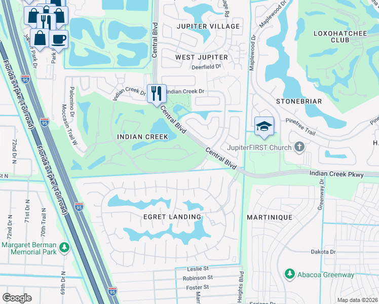 map of restaurants, bars, coffee shops, grocery stores, and more near 205 Brier Circle in Jupiter