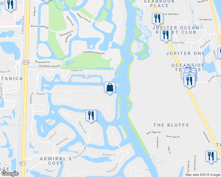 map of restaurants, bars, coffee shops, grocery stores, and more near 172 Spyglass Lane in Jupiter