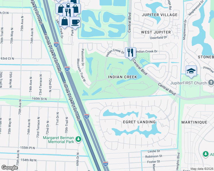 map of restaurants, bars, coffee shops, grocery stores, and more near 202 Muirfield Court in Jupiter