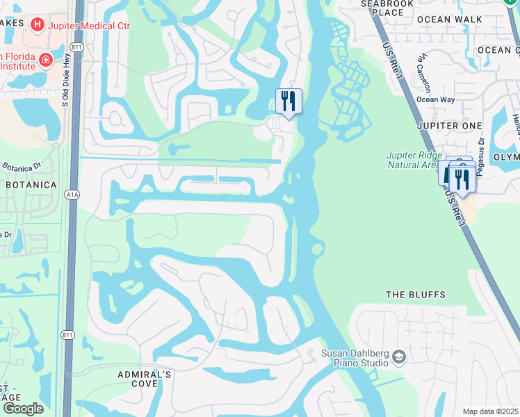 map of restaurants, bars, coffee shops, grocery stores, and more near 172 Spyglass Lane in Jupiter