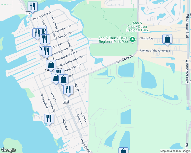 map of restaurants, bars, coffee shops, grocery stores, and more near 2248 Oleada Court in Englewood