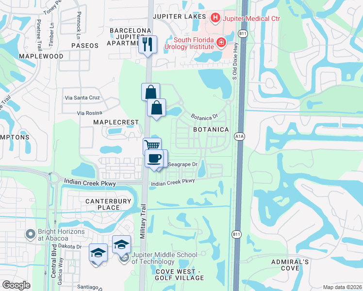 map of restaurants, bars, coffee shops, grocery stores, and more near 219 West Bay Cedar Circle in Jupiter