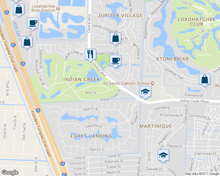 map of restaurants, bars, coffee shops, grocery stores, and more near 205 Brier Circle in Jupiter
