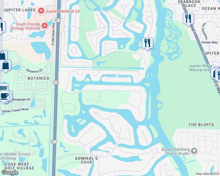 map of restaurants, bars, coffee shops, grocery stores, and more near 144 Spyglass Lane in Jupiter