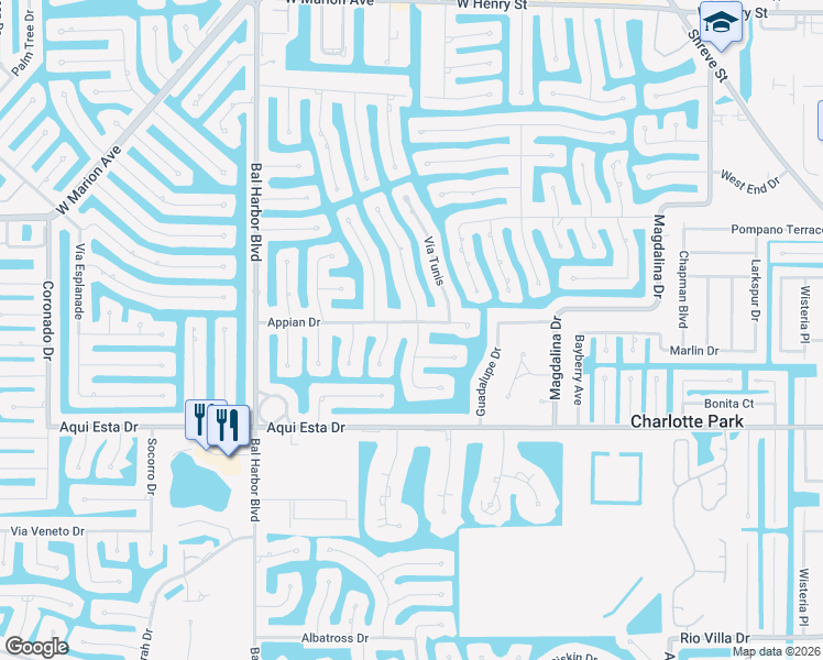 map of restaurants, bars, coffee shops, grocery stores, and more near 1301 Appian Drive in Punta Gorda