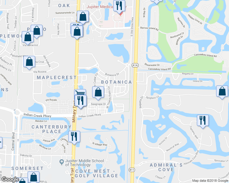 map of restaurants, bars, coffee shops, grocery stores, and more near 211 East Thatch Palm Circle in Jupiter