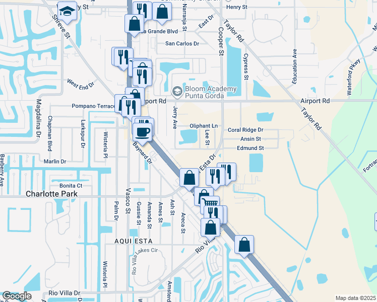 map of restaurants, bars, coffee shops, grocery stores, and more near 541 Edmund Street in Punta Gorda