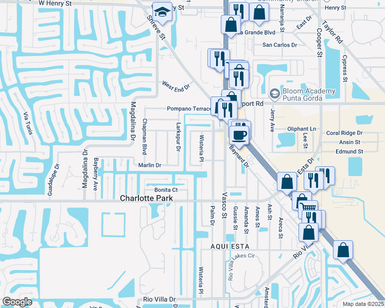 map of restaurants, bars, coffee shops, grocery stores, and more near 2812 Magnolia Way in Punta Gorda
