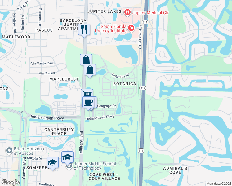 map of restaurants, bars, coffee shops, grocery stores, and more near 204 West Thatch Palm Circle in Jupiter
